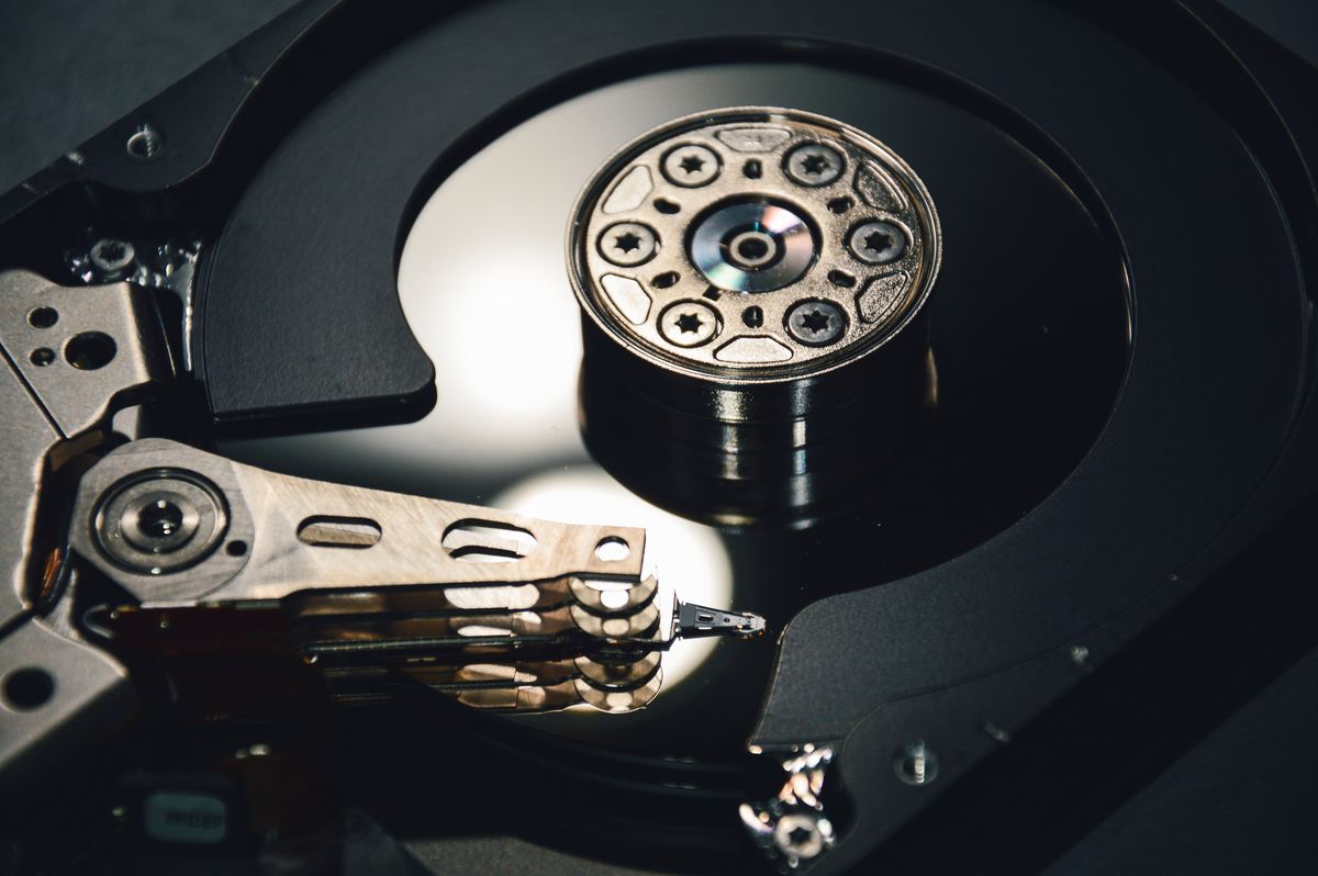 The inside of an open hard drive.