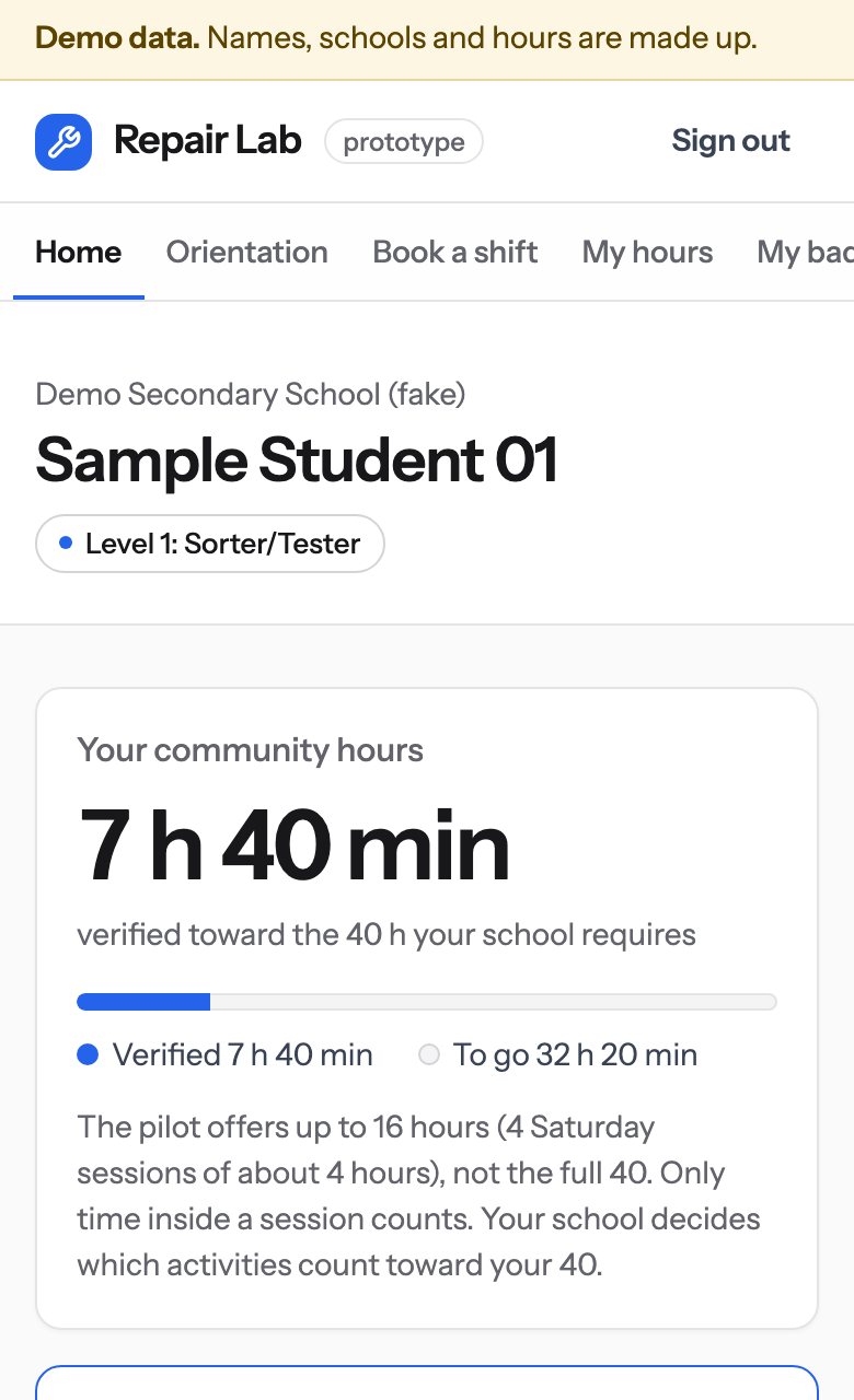 The student home screen on a phone: 7 h 40 min verified toward 40 hours.