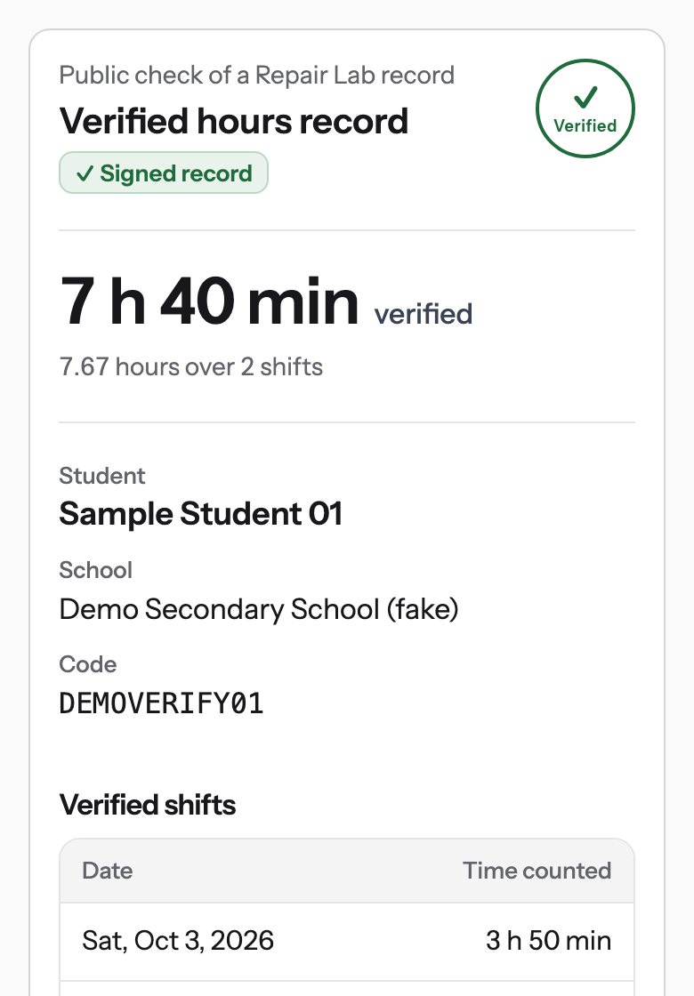 Public check page: a signed record of 7 h 40 min.